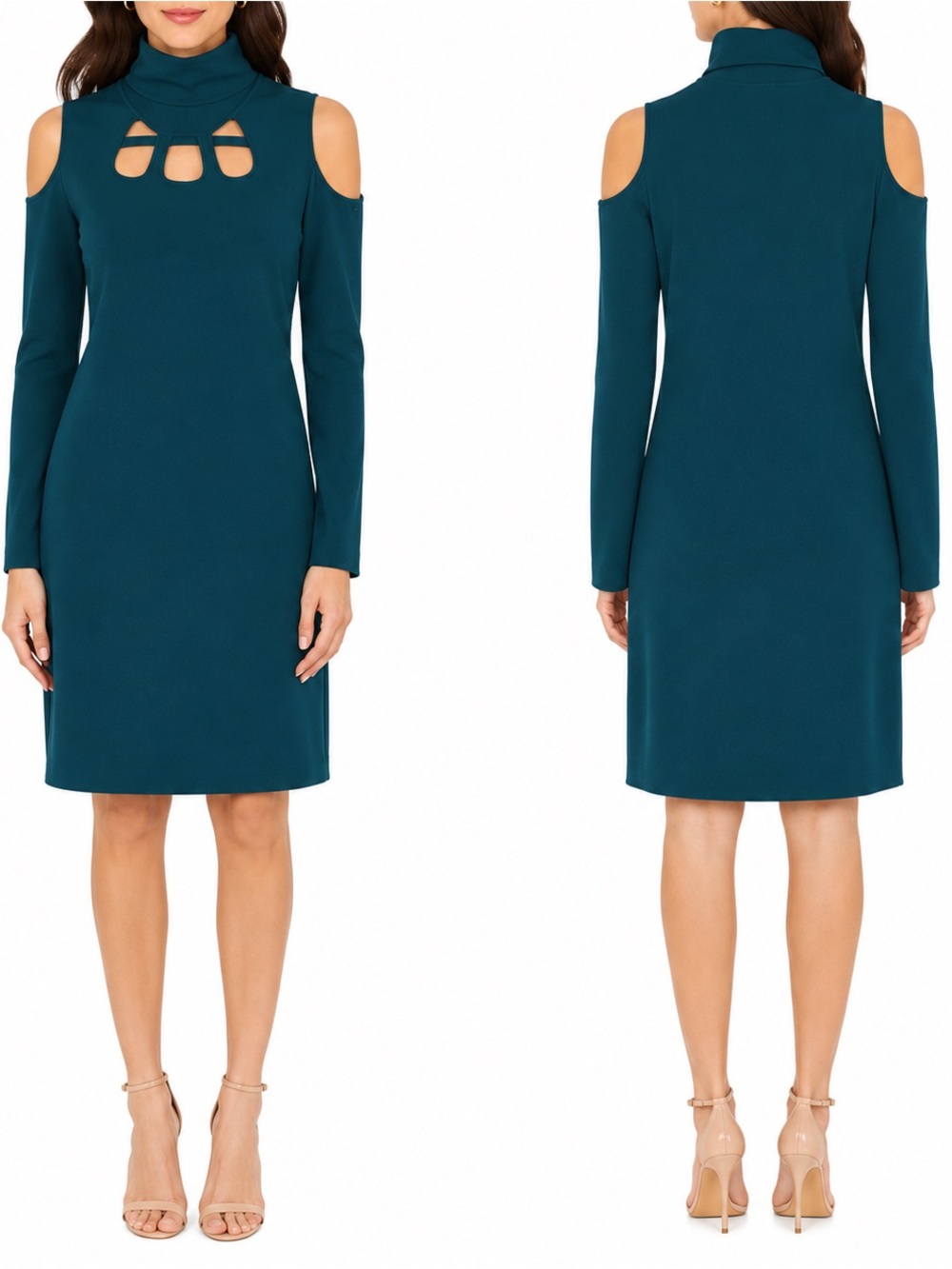 Calvin Klein Teal Cold-Shoulder Turtleneck Sheath Dress